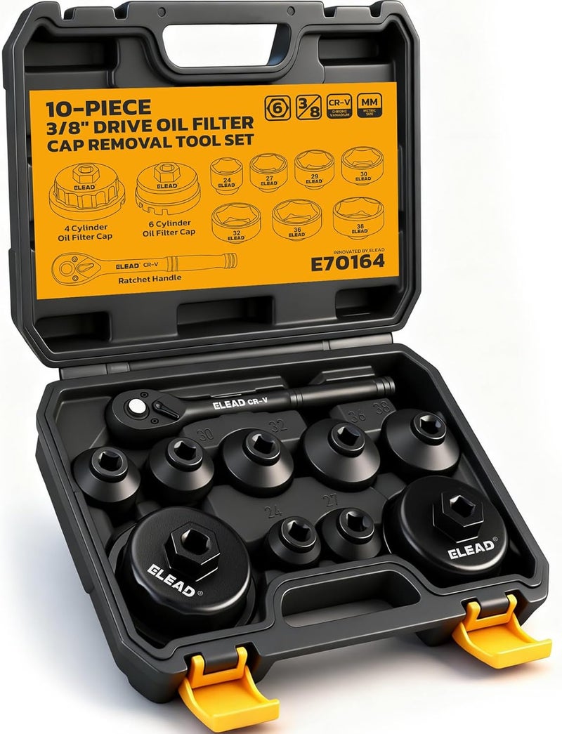 ELEAD 10-Piece Oil Filter Socket Wrench Set, 3/8" Drive Metric Cap Oil Filter Removal Tool, Low Profile Filters Socket Set with Ratchet Wrench Handle, Oil-change Kit Compatible with Toyota BMW Honda - Image 1